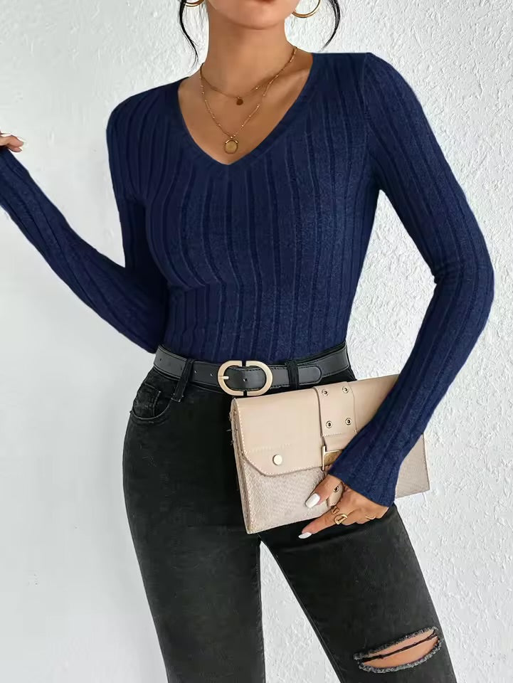 Women’s Ribbed Knit Blouse – Long Sleeve